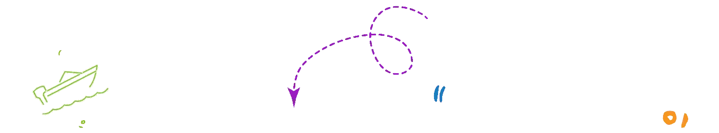 Illustration demonstrating three phases of a project lifecycle: an upward arrow and graph representing kickoff, a dotted arched arrow indicating progress, and a vertical line denoting completion in Miami.