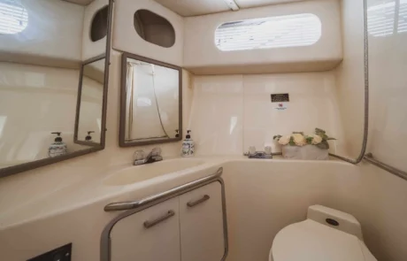 Interior of a small, clean bathroom on a Miami boat, with a toilet, sink, mirror, and shower, decorated with a vase of flowers.