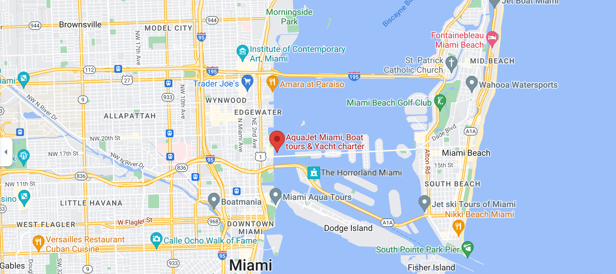 A digital map showing various locations and roads in Miami, including Miami Beach, boat routes, and surrounding areas.