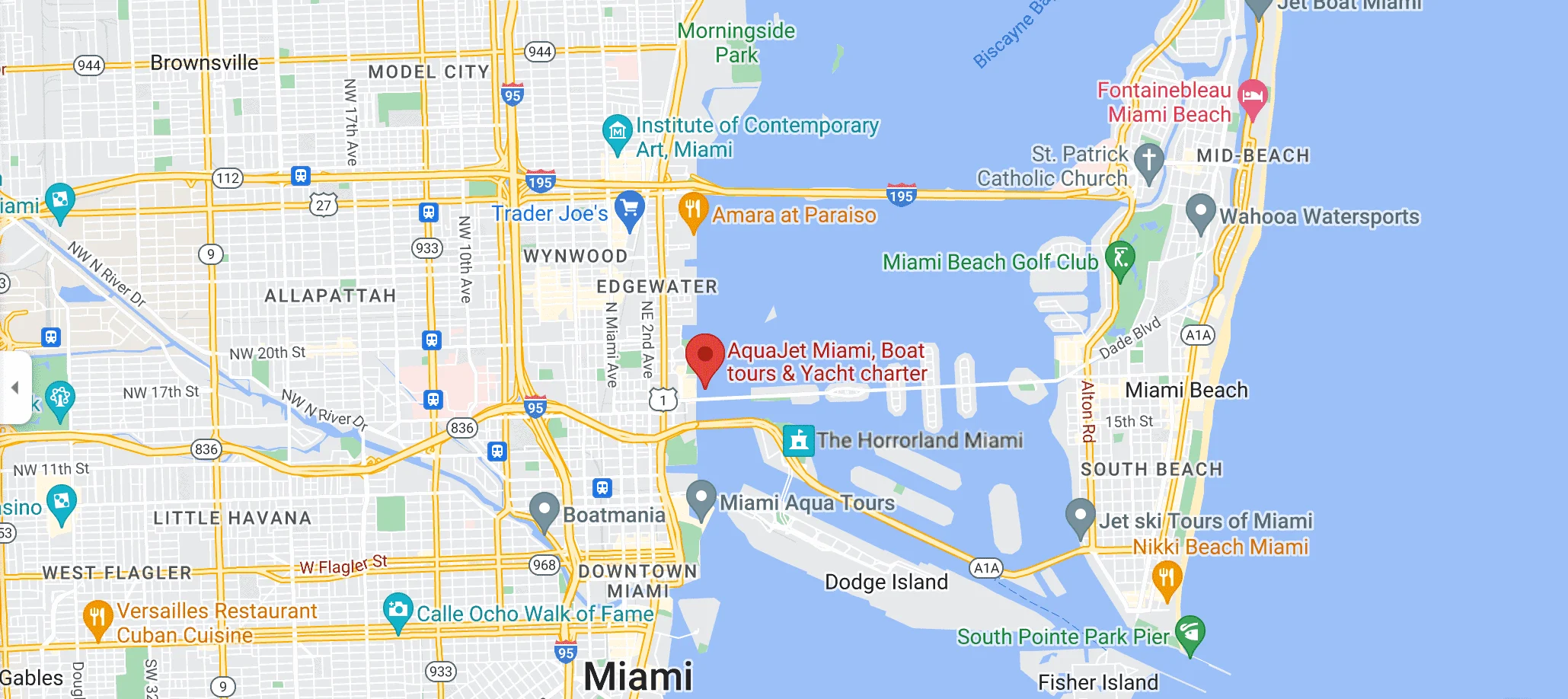 A digital map showing various locations and roads in Miami, including Miami Beach, boat routes, and surrounding areas.