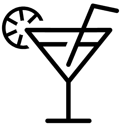 A black and white line art icon of a martini glass with a straw and a lemon slice garnish on a boat.