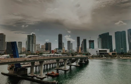 Downtown Miami skyline with MacArthur Causeway bridge — Biscayne Bay architecture history cruise